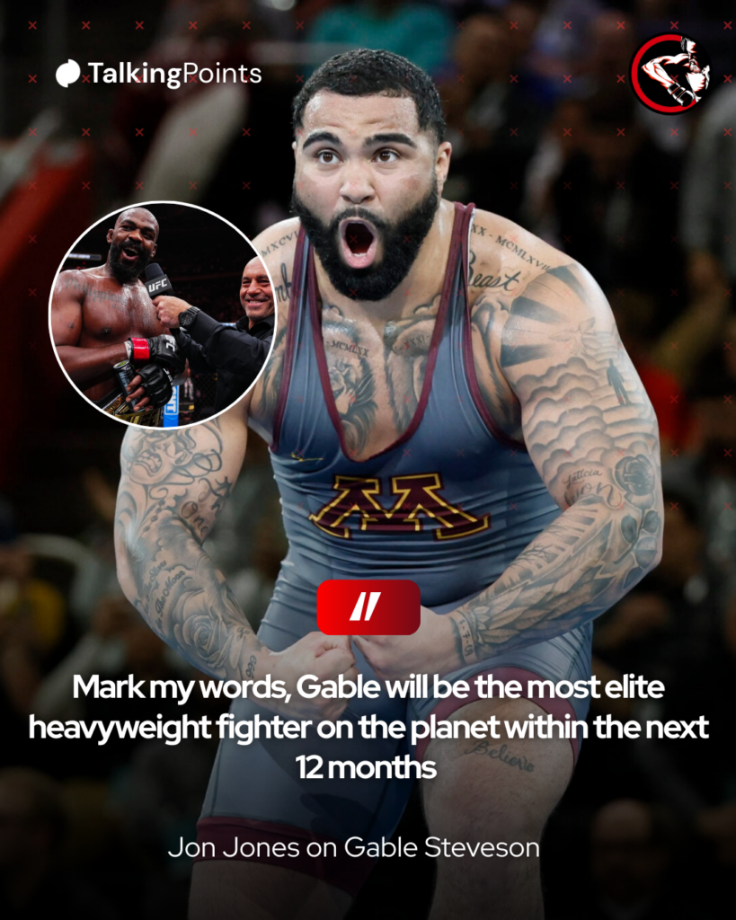 Main: Gable Stevenson screams at the NCAA Division I Men's Wrestling Championship. Inset: Jon Jones interviewed by Joe Rogan at UFC 309