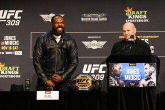 Jon Jones and Dana White at the UFC 309 press conference