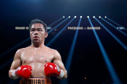 Manny Pacquiao in the ring during his match with Mario Barrios in July 2025.