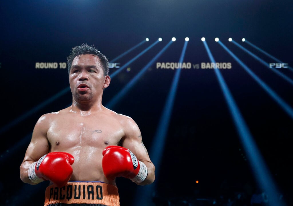 Manny Pacquiao in the ring during his match with Mario Barrios in July 2025.