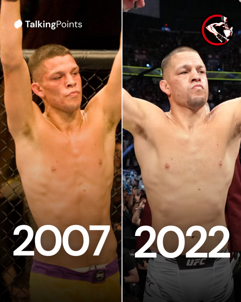 Left: Nate Diaz during his UFC debut in 2007. Right: Nate Diaz during his last UFC fight in 2022.