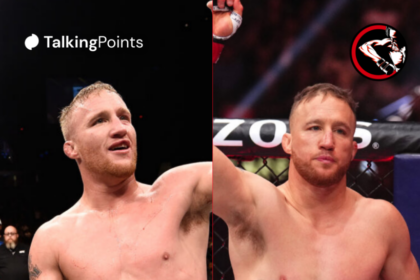 Left: Justin Gaethje celebrates his victory over Michael Johnson in 2017. Right: Justin Gaethje enters the cage for his 2025 fight against Rafael Fiziev.