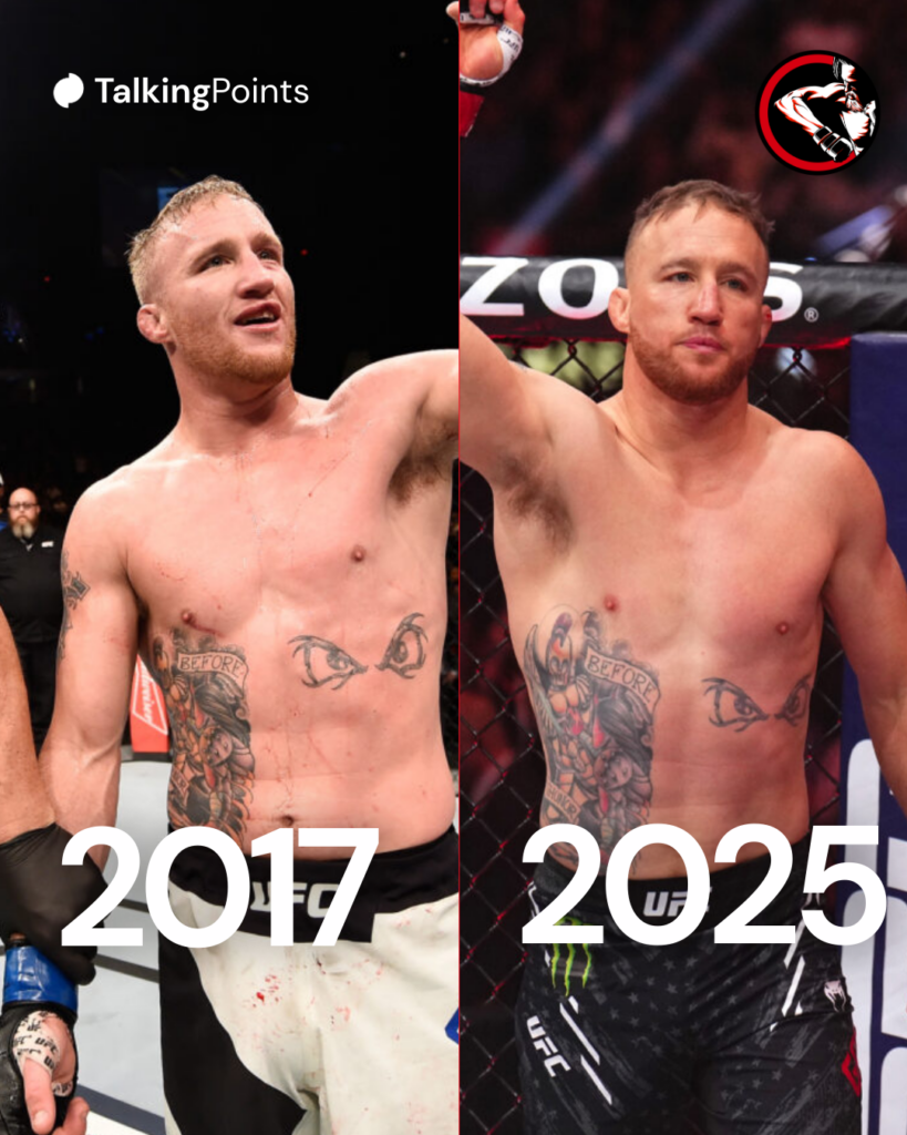 Left: Justin Gaethje celebrates his victory over Michael Johnson in 2017. Right: Justin Gaethje enters the cage for his 2025 fight against Rafael Fiziev.