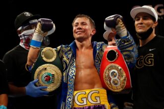 Gennadiy Golovkin celebrates in the ring after his middleweight title fight with Kamil Sheremeta in December 2020.