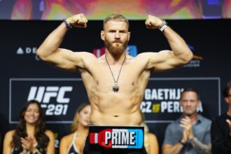 Jan Blachowicz on stage at UFC 291 ceremonial weigh-in