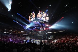 Panoramic view of the Octagon inside Etihad Arena in Abu Dhabi during the UFC 321 event