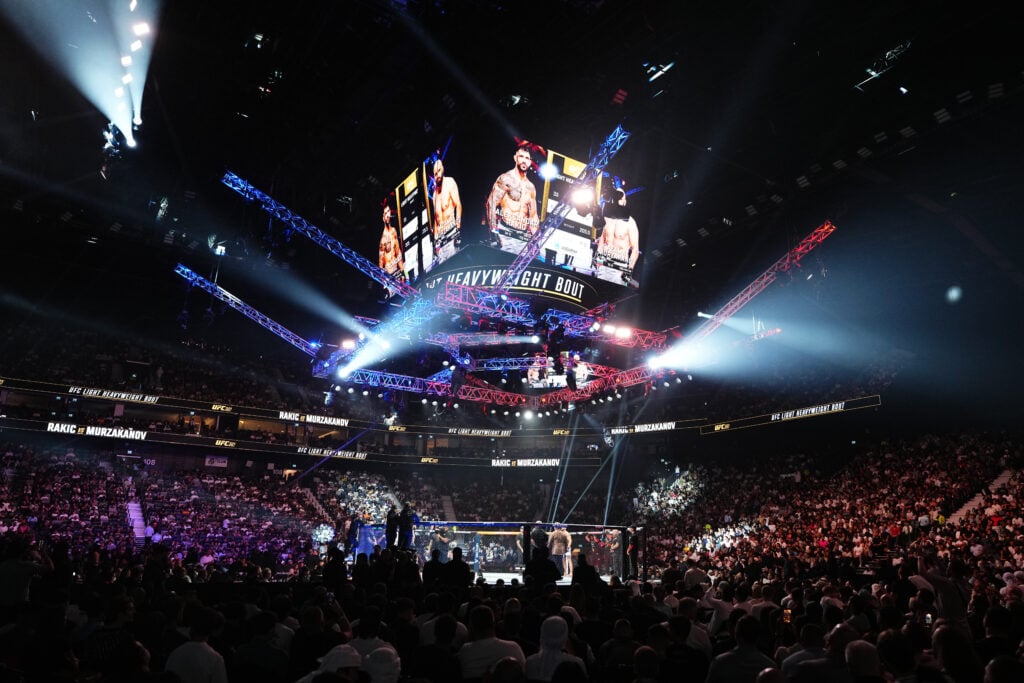 Panoramic view of the Octagon inside Etihad Arena in Abu Dhabi during the UFC 321 event