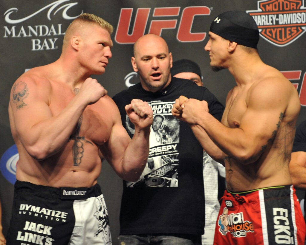 Brock Lesnar and Frank Mir face off at the UFC 100 weigh-ins
