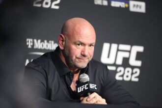 Dana White looks on during the UFC 282 post-fight press conference