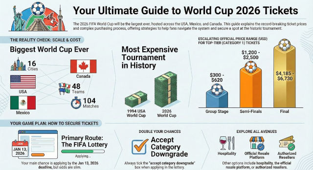 Comprehensive guide to FIFA World Cup 2026 tickets, showing tournament scale, ticket price ranges by stage, lottery system details, and resale options.