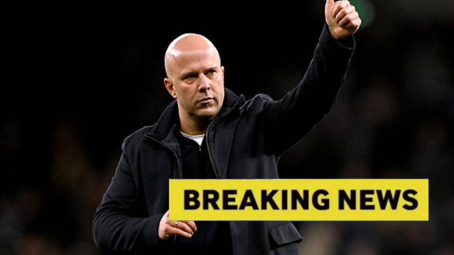 Arne Slot with overlay of breaking news