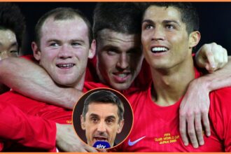 Wayne Rooney, Michael Carrick, Cristiano Ronaldo, and Gary Neville