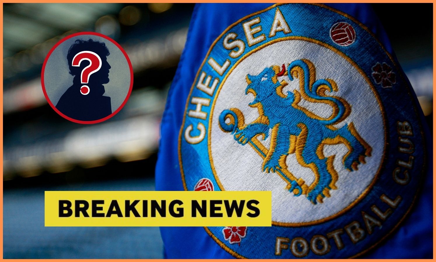 Chelsea FC logo and yellow breaking news banner