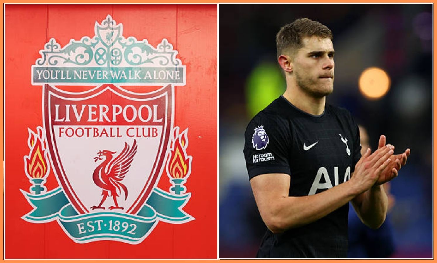 Split image of Liverpool badge and Micky van de Ven