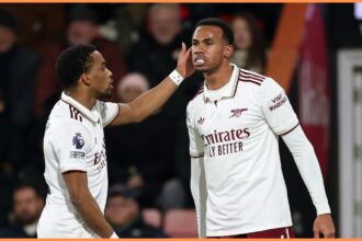 Gabriel Magalhaes reacts after an error for Arsenal leading to a Bournemouth goal (Photo by Richard Heathcote/Getty Images)