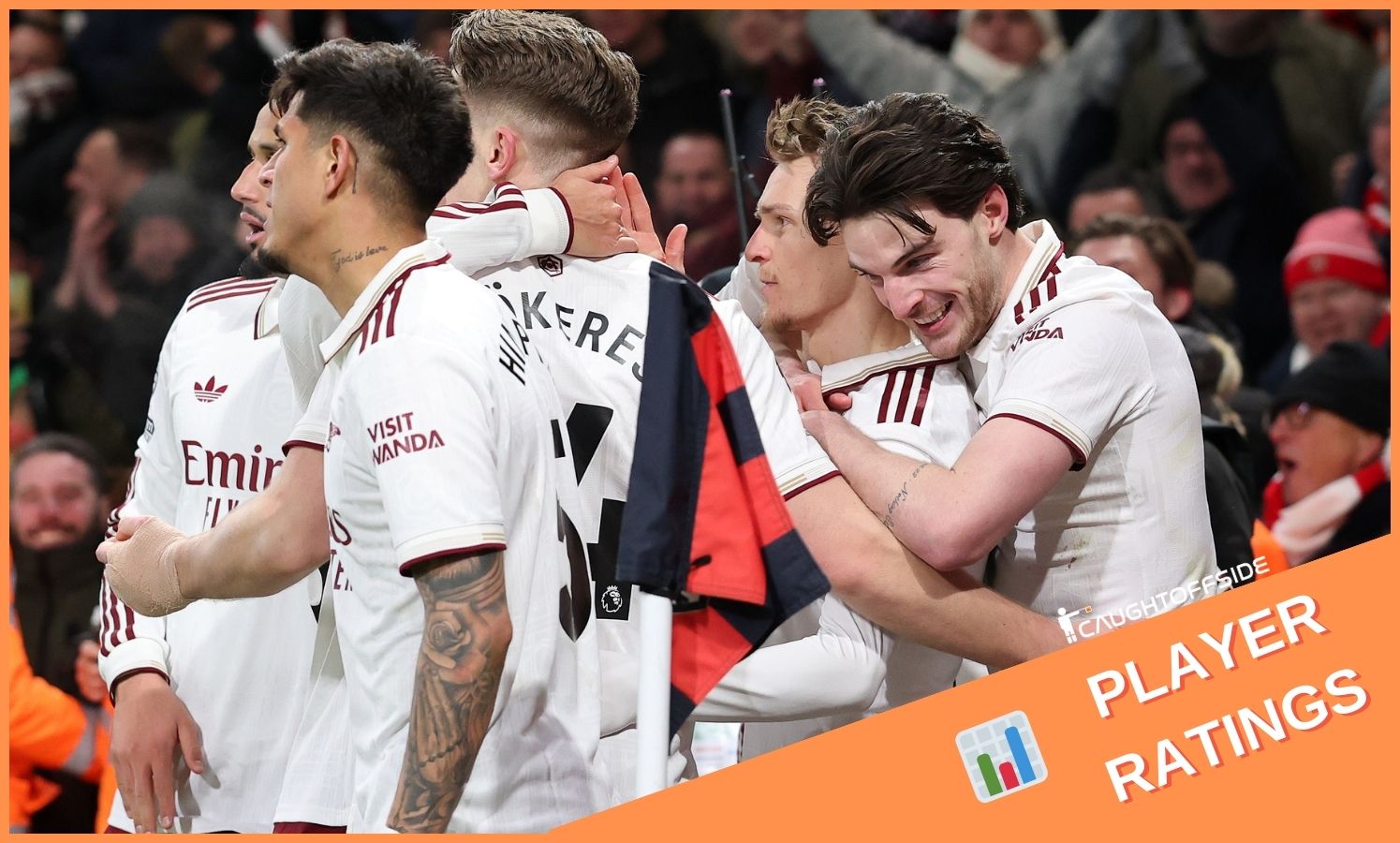 Declan Rice celebrates with his Arsenal teammates after scoring vs Bournemouth