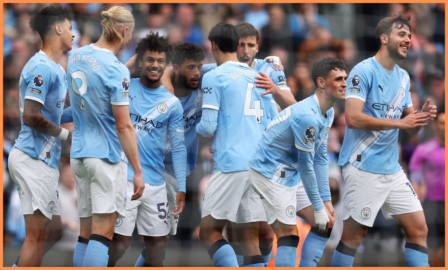 Manchester City players celebrate during their win vs Burnley