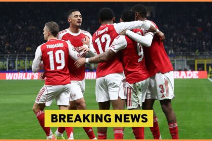 Arsenal players celebrate during the win at Inter Milan