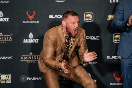 Conor McGregor reacts at BKFC 82 press conference