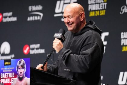 Dana White laughs on stage at the UFC 324 press conference