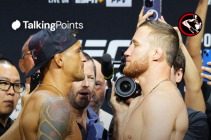 Talking Points graphic with photo of Dustin Poirier and Justin Gaethje facing off on stage at UFC weigh-in