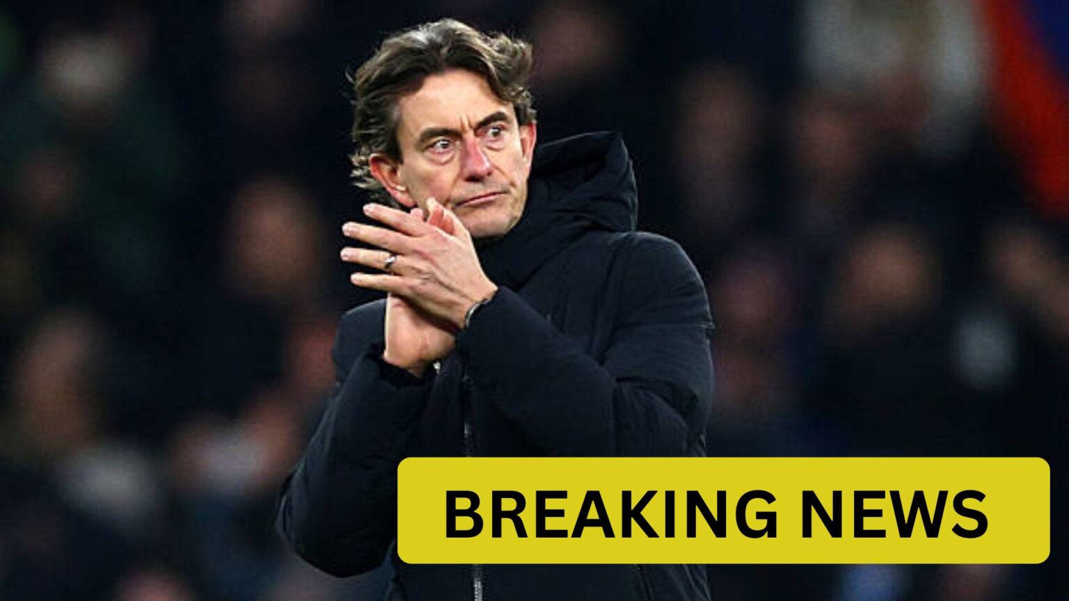 Tottenham manager Thomas Frank with overlay of Breaking News