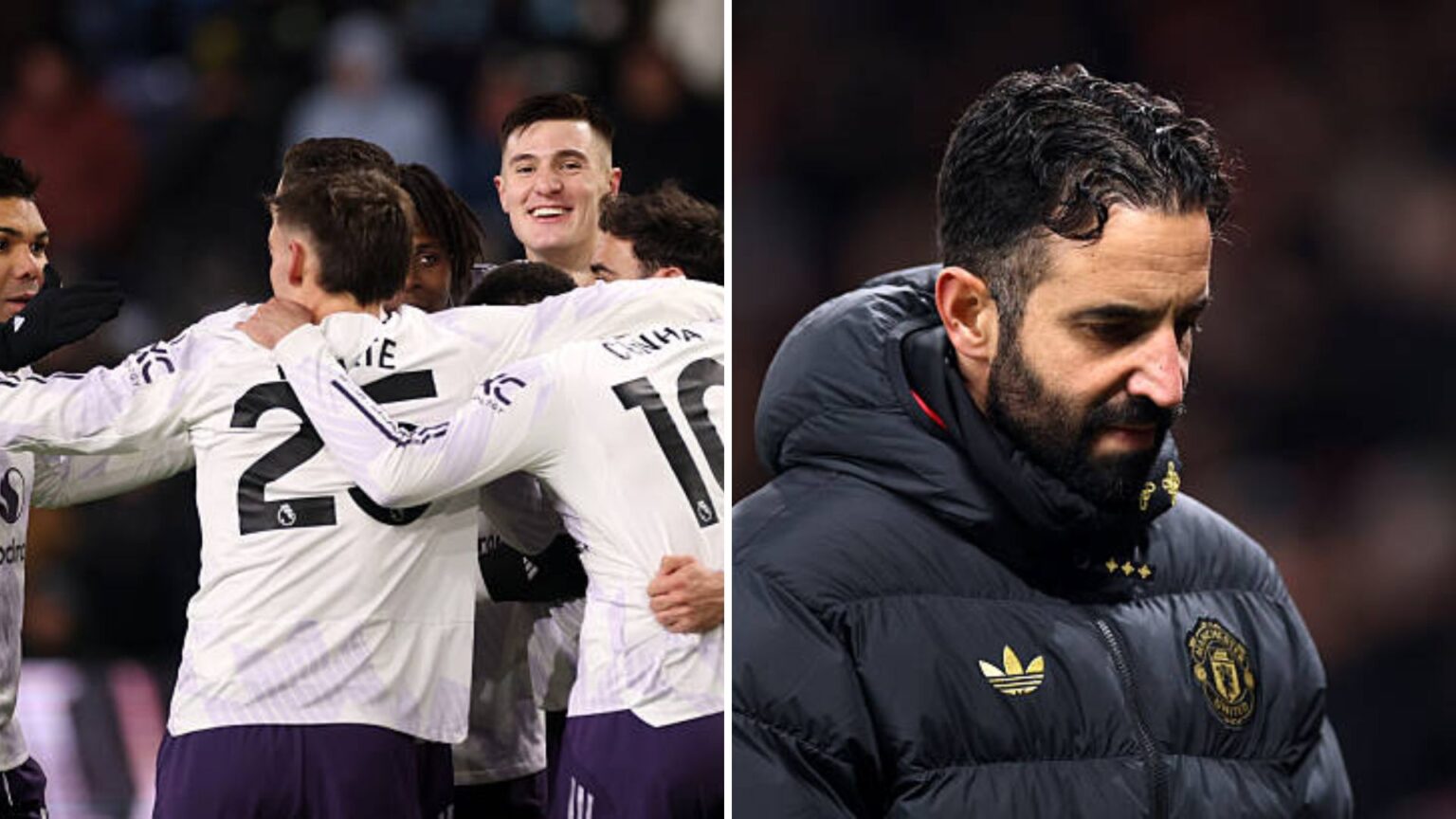 Split image of Man United players including Benjamin Sesko celebrating his goal and Ruben Amorim