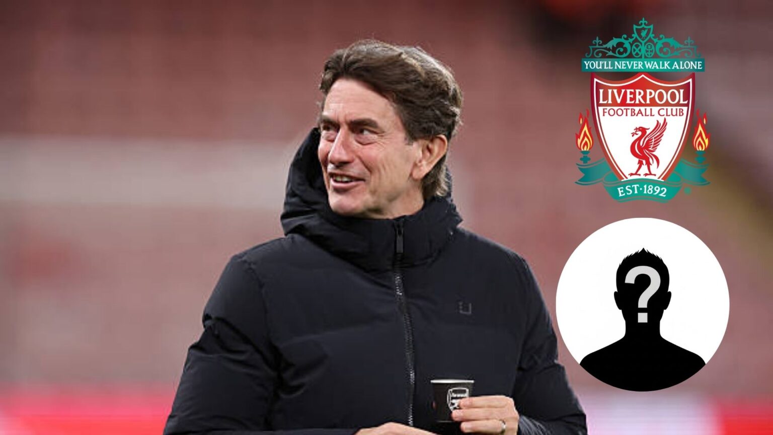 Thomas Frank with overlay of Liverpool badge and mystery player