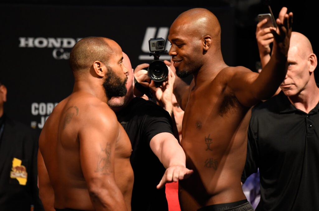 Jon Jones and Daniel Cormier face off at the ceremonial weigh-in at UFC 214 in Anaheim