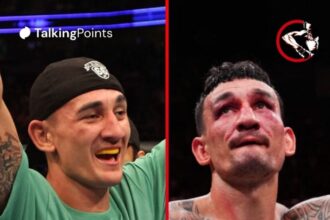 Max Holloway (left) celebrating his victory over Justin Lawrence in 2012 and Dustin Poirier (right) in 2025