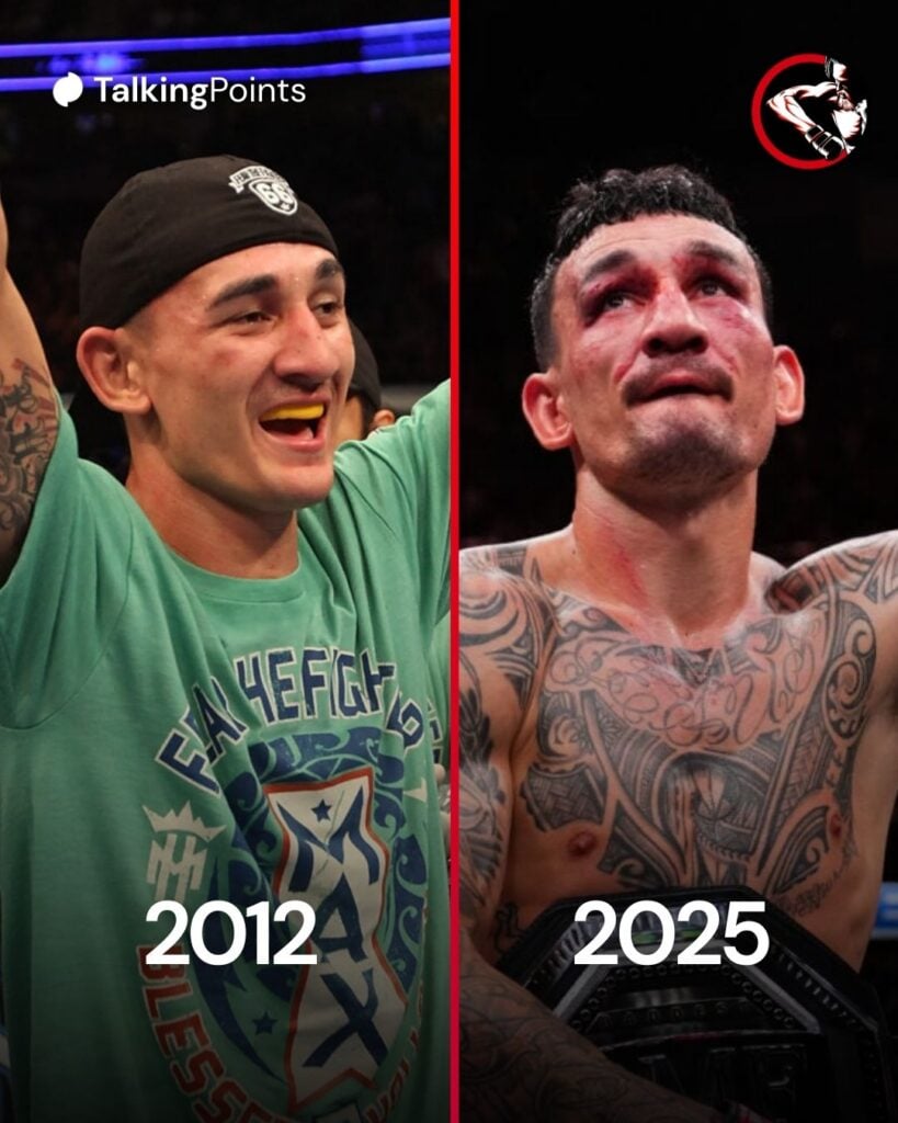 Max Holloway (left) celebrating his victory over Justin Lawrence in 2012 and Dustin Poirier (right) in 2025