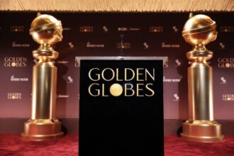 A view of the podium and stage before the 83rd Golden Globe Awards nominations announcement event on December 8, 2025 in Beverly Hills, California. The 83rd Golden Globe Awards will be held on January 11, 2026.