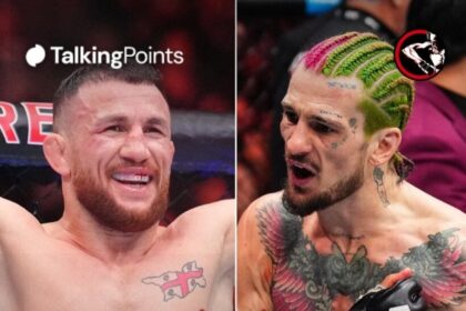 Merab Dvalishvili splits with arms out at UFC 320, Sean O'Malley celebrates at UFC 324