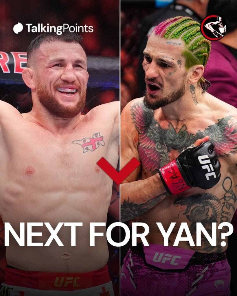 Merab Dvalishvili splits with arms out at UFC 320, Sean O'Malley celebrates at UFC 324