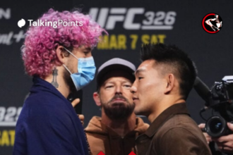 Sean O'Malley and Song Yadong face off at the UFC 324 launch press conference.