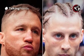 Graphic showing names and records of Justin Gaethje and Paddy Pimblett