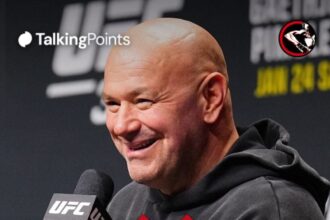 Dana White laughs on stage at the UFC 324 press conference