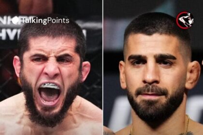 Islam Makhachev celebrates his win at UFC 311, Ilya Topria takes the stage at the ceremonial weigh-in at UFC 317