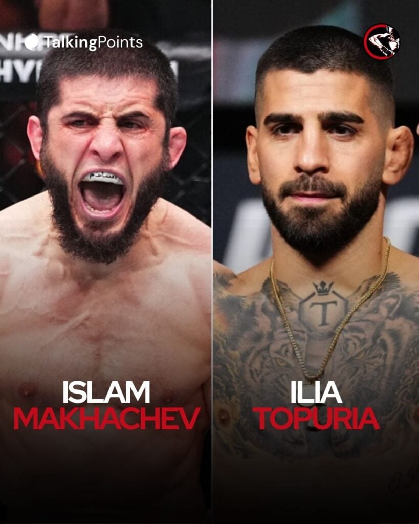 Islam Makhachev celebrates his win at UFC 311, Ilya Topria takes the stage at the ceremonial weigh-in at UFC 317