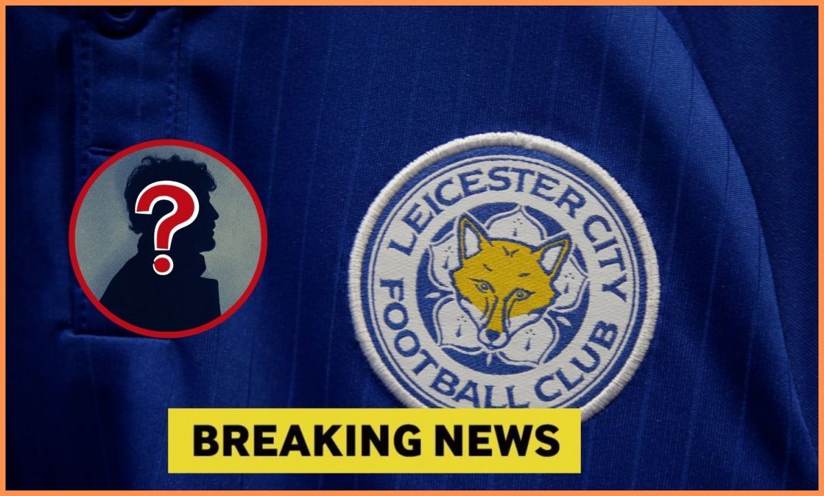 Leicester City badge with overlay of breaking news and overlay of mystery player