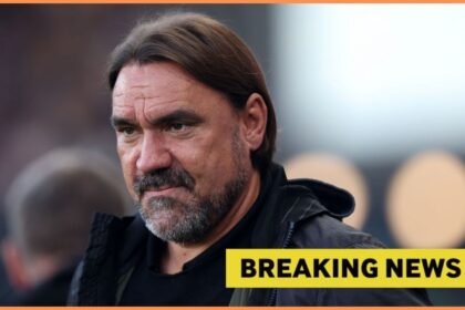 Leeds United manager Daniel Farke with overlay of Breaking news