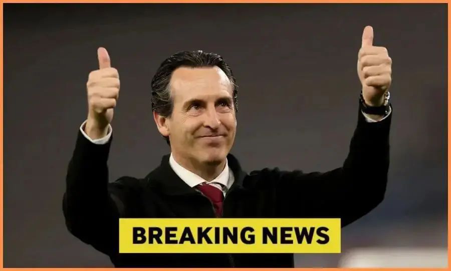 Aston Villa Unai Emery with breaking news overlay