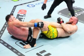 Balter Walker scores a heel hook submission against Louie Sutherland at UFC 321