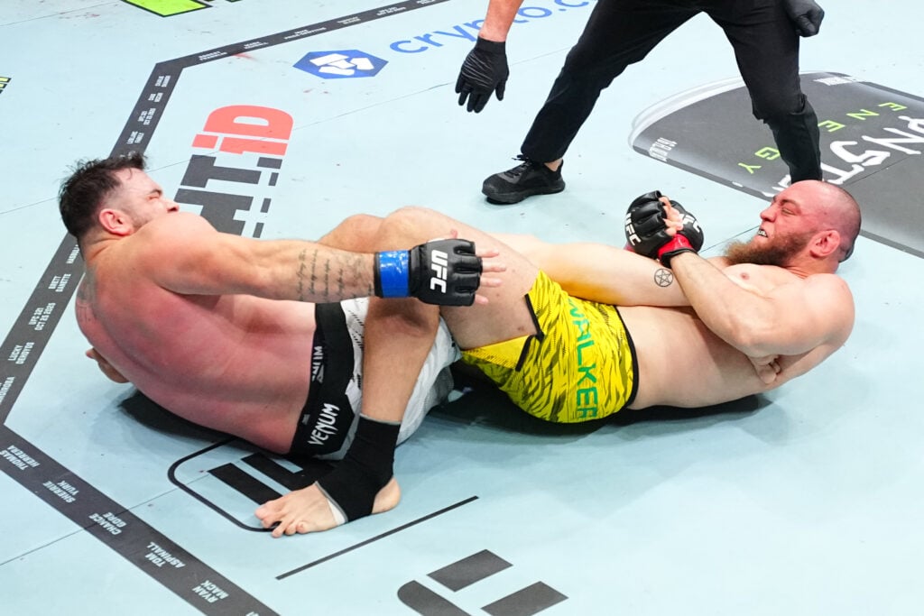 Balter Walker scores a heel hook submission against Louie Sutherland at UFC 321