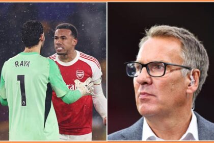 Split image of Gabriel Magalhaes screaming at David Raya and Sky Sports pundit Paul Merson