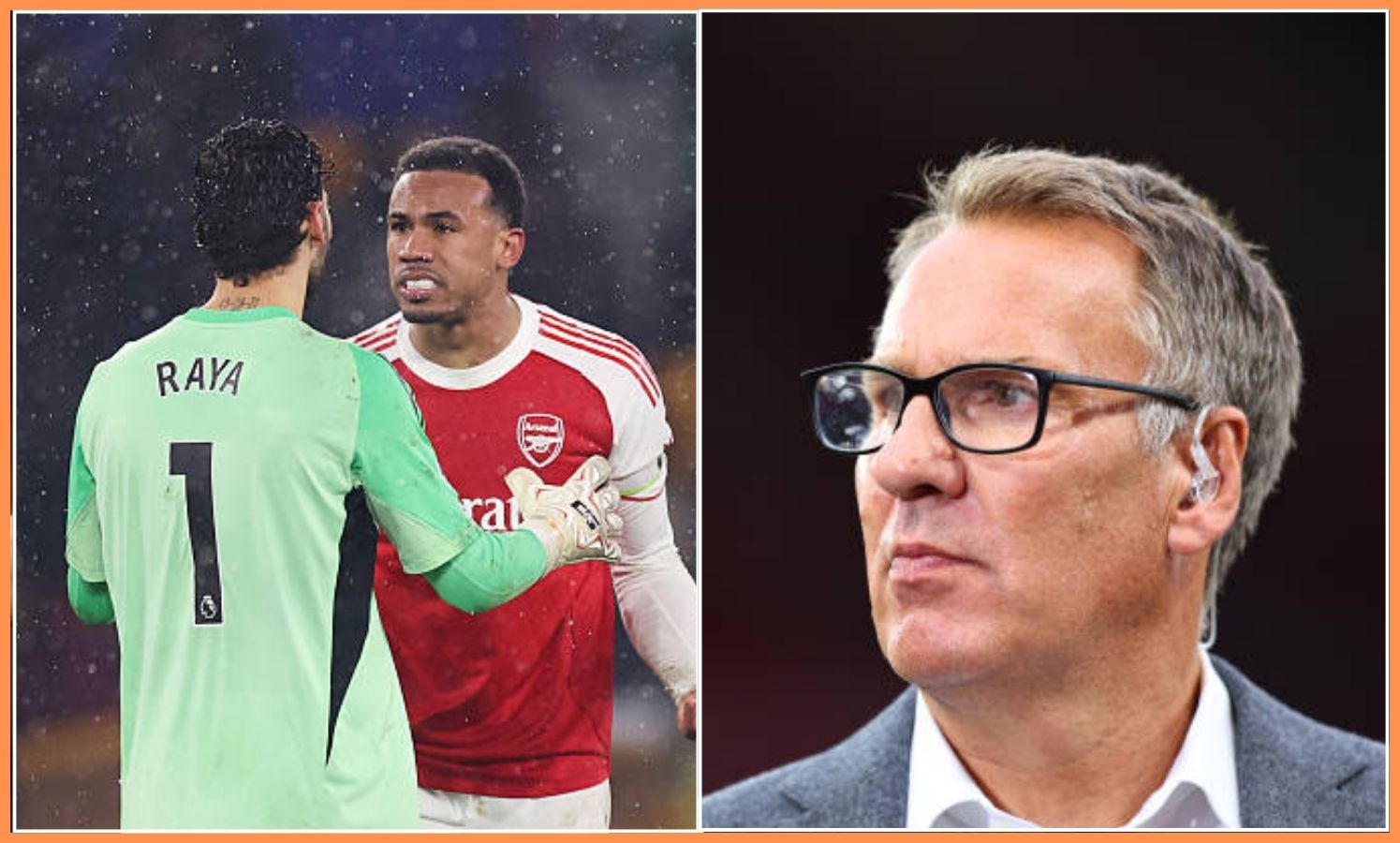 Split image of Gabriel Magalhaes screaming at David Raya and Sky Sports pundit Paul Merson
