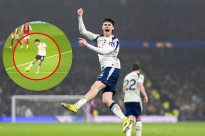 Archie Gray celebrating for Tottenham with overlay of Archie Gray booting the ball at Arsenal fans