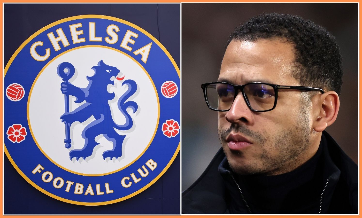 Liam Rosenior and the Chelsea logo