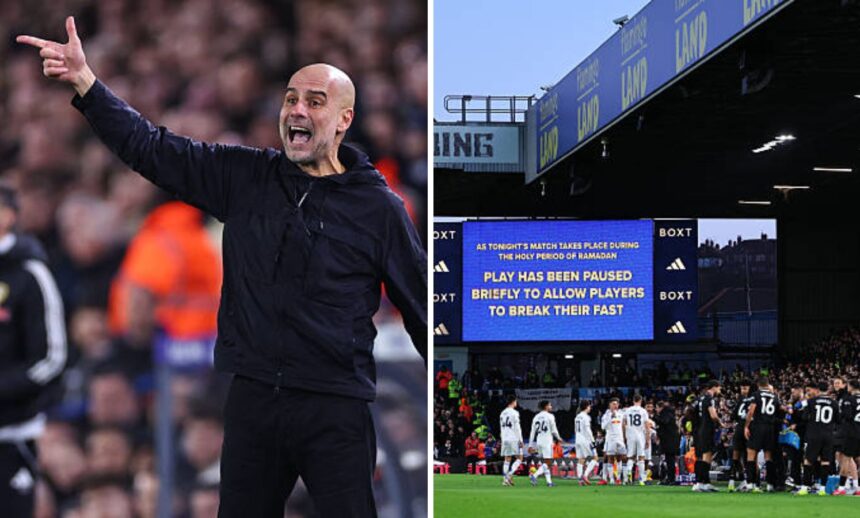 Split image of Pep Guardiola and Elland Road TV screen showing Ramadan pause announcement