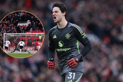 Senne Lammens celebrating against Fulham with overlay of Lammens trying to save penalty